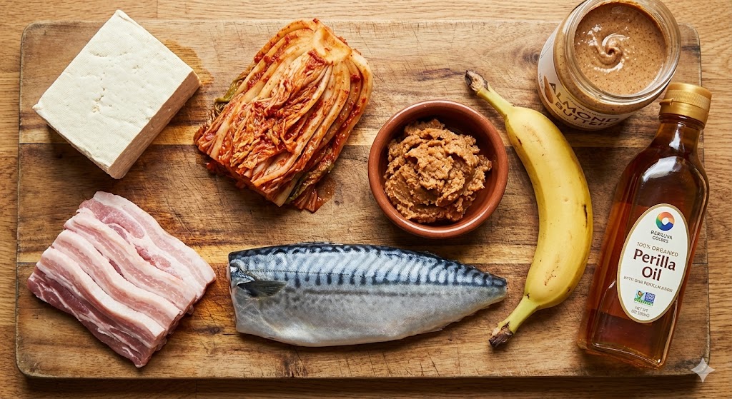 64일차 K-다이어트 바이오해킹을 위한 두부, 묵은지, 생돼지고기, 신선한 고등어, 된장, 바나나, 들기름 등 핵심 재료 준비 컷.