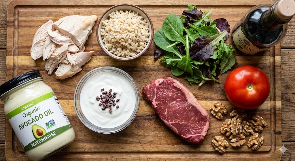65일차 K-다이어트 바이오해킹을 위한 닭가슴살, 건강한 마요네즈, 카카오 닙스, 요거트, 스테이크용 소고기, 토마토, 호두, 발사믹 식초 등 핵심 재료 준비 컷.