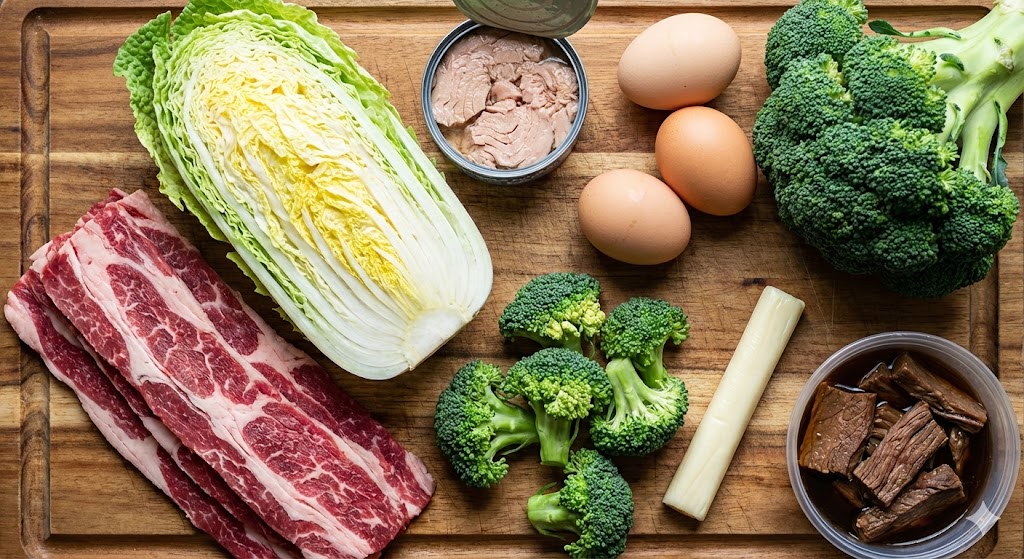 66일차 K-다이어트 장 회복 바이오해킹을 위한 소고기, 알배기 배추, 참치캔, 계란, 브로콜리, 치즈 등 핵심 재료 준비 컷.