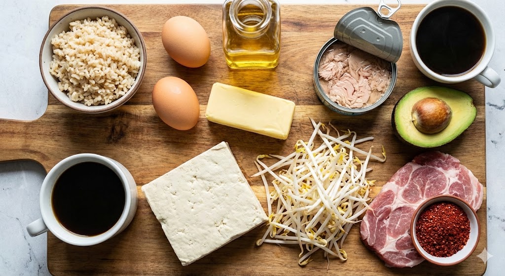 68일차 K-다이어트 바이오해킹을 위한 밥, 계란, 버터, 들기름, 참치캔, 아보카도, 커피, 두부, 콩나물, 돼지고기 등 핵심 재료 준비 컷.