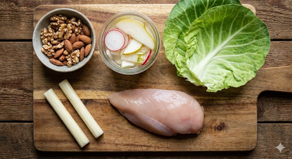 Fresh K-diet biohacking ingredients for Day 69, featuring mixed nuts, water kimchi, string cheese, chicken breast, and cabbage on a wooden board.