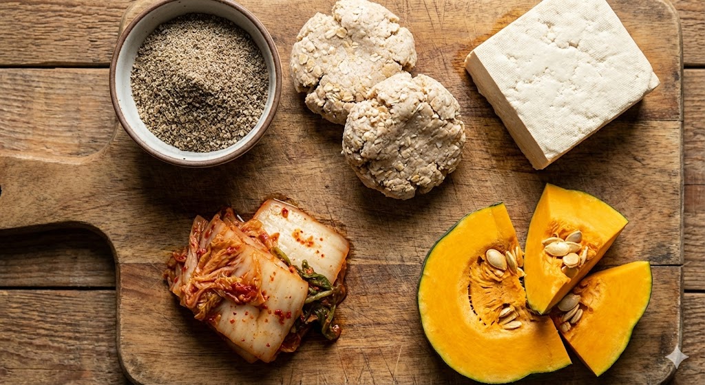 Fresh K-diet biohacking ingredients for Day 70, including perilla seed powder, oatmeal/brown rice dough balls, firm tofu, aged kimchi, and sweet pumpkin chunks on a wooden board.