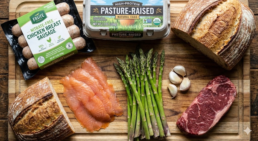 Fresh K-diet biohacking ingredients for Day 71, featuring nitrate-free chicken breast sausage, pasture-raised eggs, sourdough bread, smoked salmon, asparagus, and beef steak on a wooden board.