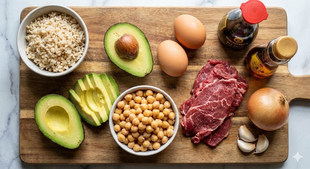 Fresh K-diet biohacking ingredients for Day 73, featuring ripe avocado, chickpeas, lean beef, onions, and pasture-raised eggs on a wooden board.