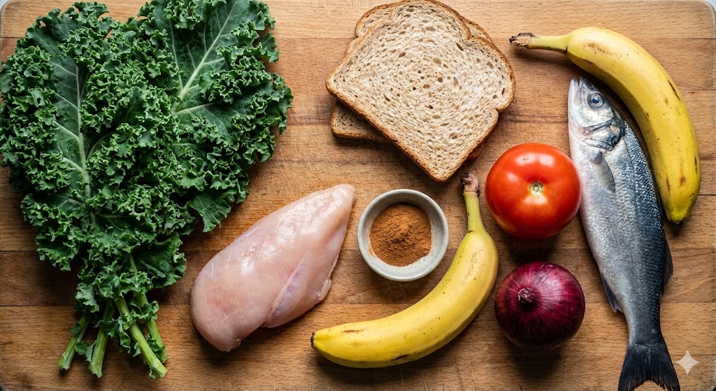 Fresh K-diet biohacking ingredients for Day 74, featuring curly kale, chicken breast, whole wheat bread, bananas, cinnamon powder, tomatoes, onions, and fresh fish on a wooden board.