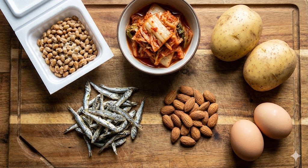 Fresh K-diet biohacking ingredients for Day 75, featuring fermented natto, aged kimchi, almonds, dried anchovies, potatoes, and pasture-raised eggs on a wooden board.
