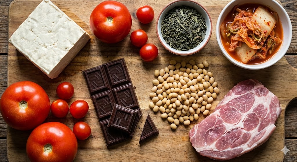 Fresh K-diet biohacking ingredients for Day 76, featuring firm tofu, ripe tomatoes, dark chocolate, green tea leaves, fermented kimchi, soybeans, and boiled pork slices on a wooden board.