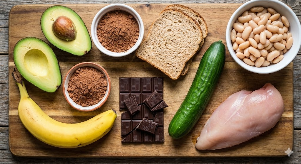 Fresh K-diet biohacking ingredients for Day 77, featuring ripe avocado, raw cocoa powder, whole wheat bread, bananas, dark chocolate, fresh cucumber, white beans, and chicken breast on a wooden board.