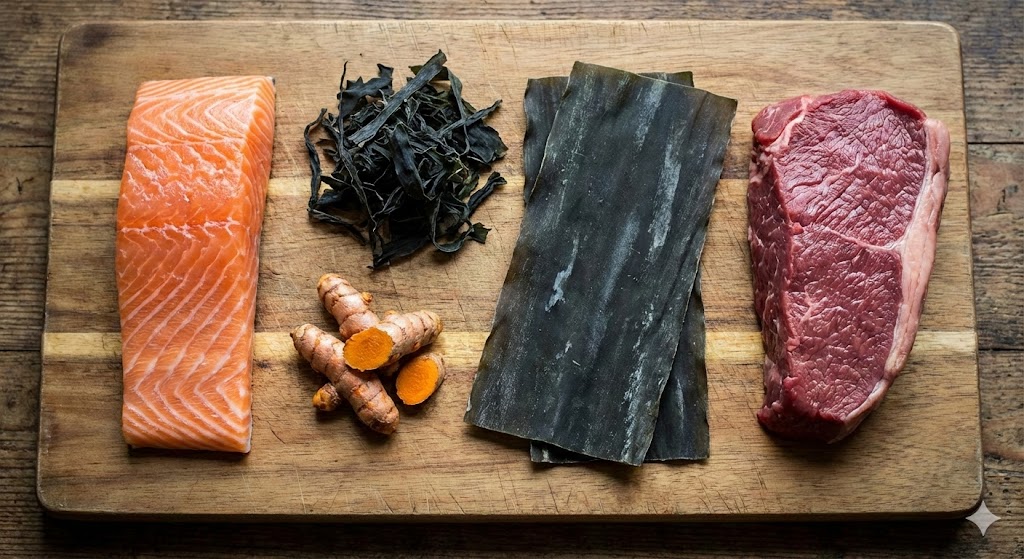 고급 나무 도마 위에 놓인 생연어 필렛, 신선한 강황 가루, 건미역, 다시마, 소고기 양지머리 등 항염 다이어트 식단 재료.
