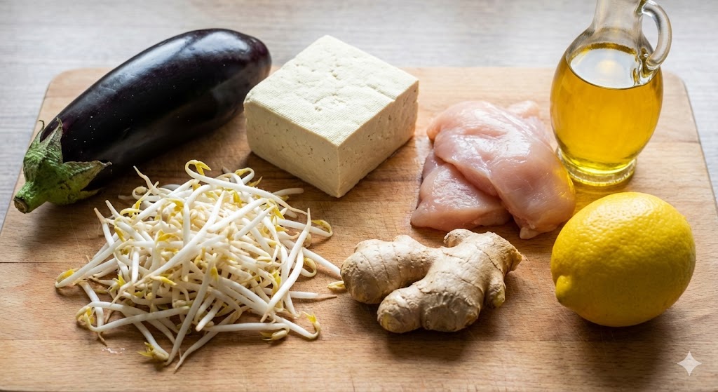 Fresh eggplant, perilla oil, firm tofu, chicken breast, bean sprouts, ginger, and lemon arranged on a wooden board for an anti-inflammatory diet.
