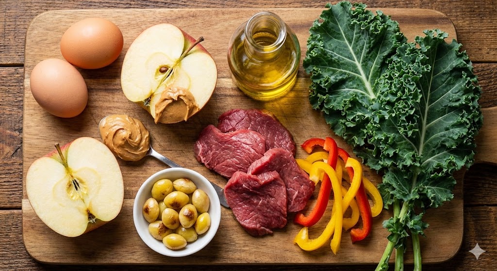 Fresh lean beef, vibrant red and yellow bell peppers, crisp green kale leaves, chicken breast, an apple, and a jar of almond butter on a wooden board for a biohacking diet.