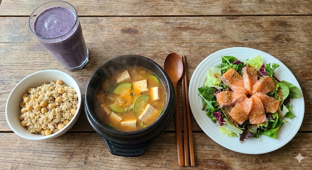 김이 나는 된장찌개와 함께 차려진 든든한 병아리콩 오트밀 밥 한 그릇, 겨자 드레싱을 곁들인 신선한 연어회 샐러드 접시, 그리고 블루베리 코코넛 스무디 한 잔이 세팅된 식탁.