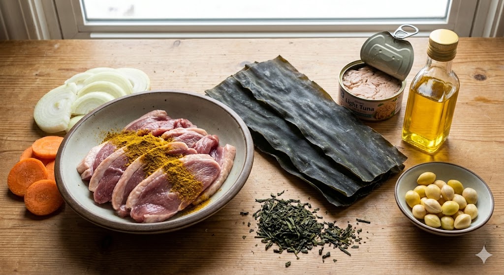 디톡스 다이어트 식단을 위해 나무 테이블 위에 준비된 생오리 슬라이스, 노란 카레 가루, 신선한 채소(양파, 당근), 건다시마, 참치캔, 황금빛 들기름 병, 녹차 잎, 그리고 은행알.