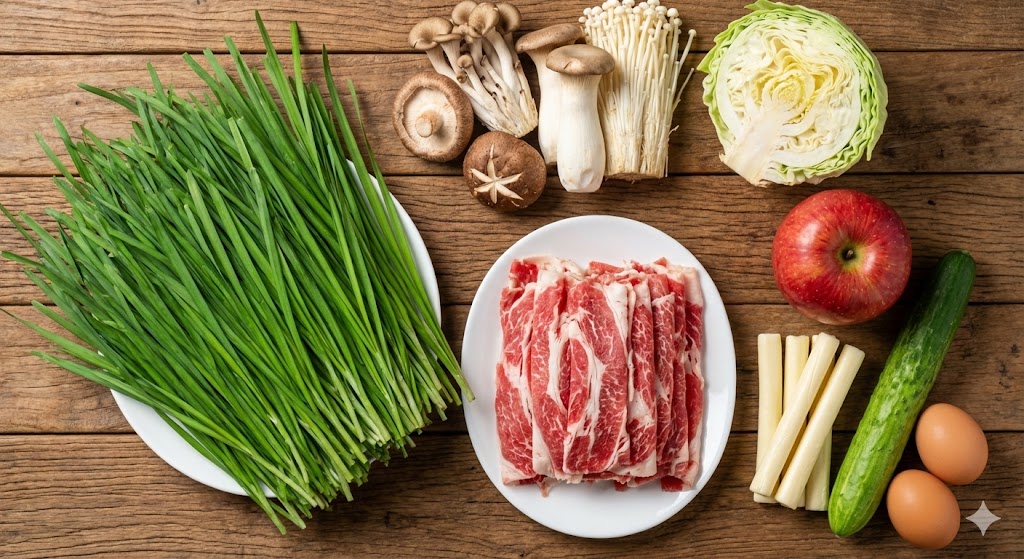 Ingredients for the day 87 liver detox diet including fresh buchu, beef, cabbage, and apple