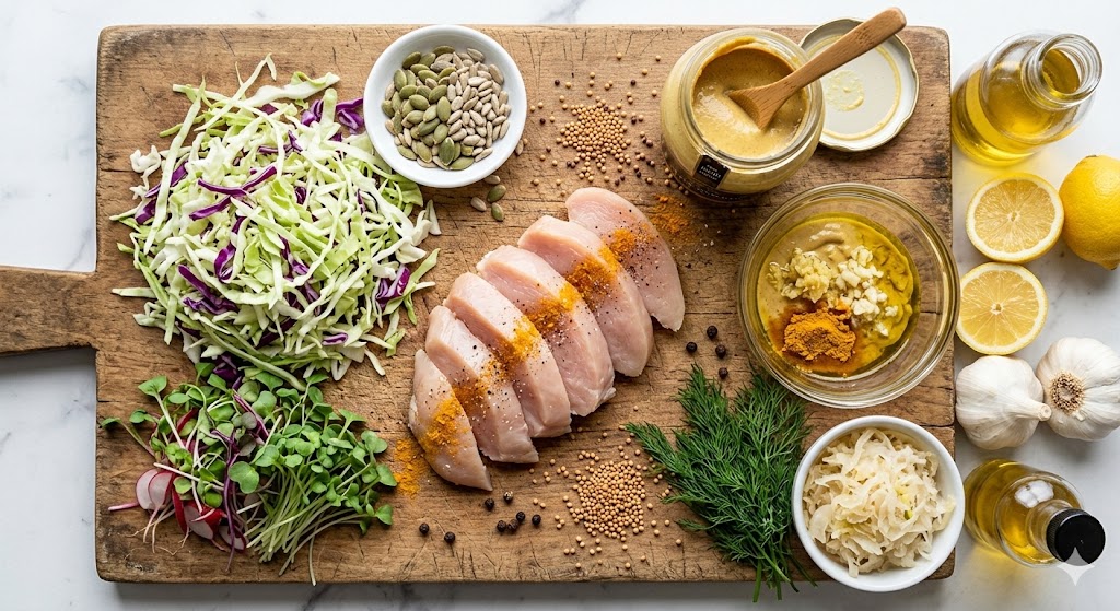 Authentic Dijon mustard, chicken breast, and fresh cabbage ingredients for a biohacking anti-inflammatory diet