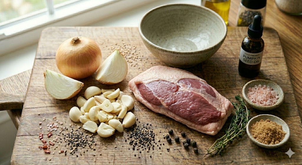 바이오해킹 항염 식단을 위한 신선한 무항생제 오리 가슴살과 마늘, 양파 재료