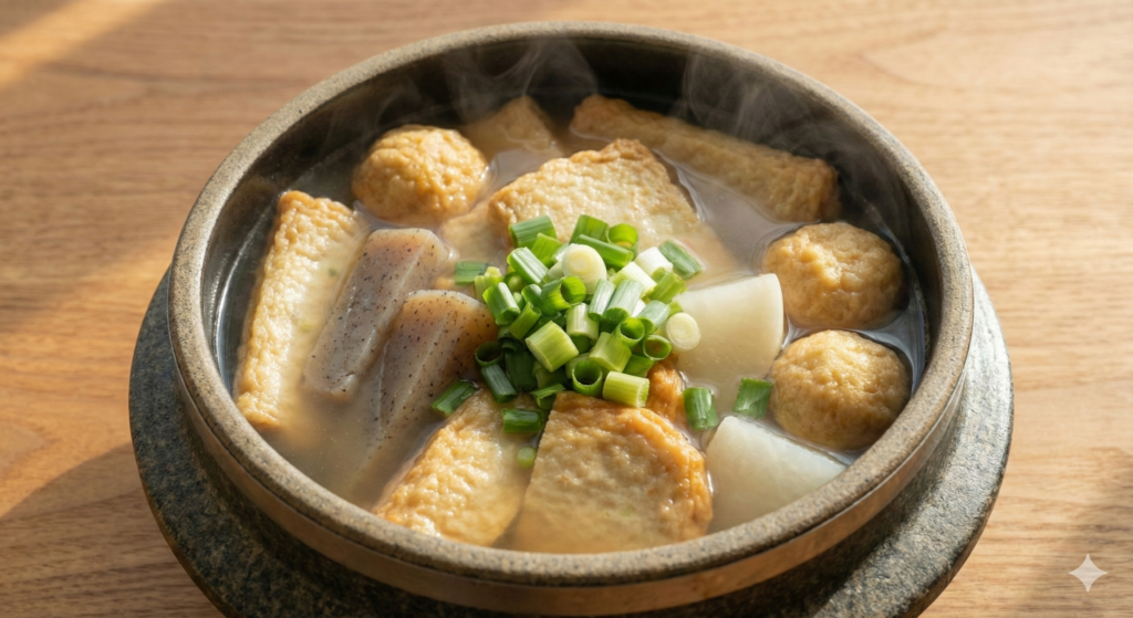 다양한 모양의 어묵, 투명한 곤약 조각, 부드러운 두부볼이 가득 담겨 김이 모락모락 나는 맑은 어묵탕 냄비. 신선한 대파로 장식된 따뜻한 장 치유 바이오해킹 식단.