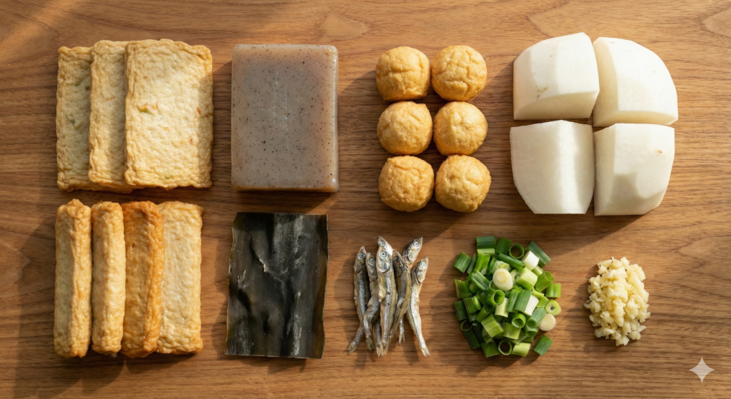 장 건강을 위한 바이오해킹 어묵탕 재료: 고품질 부산 어묵, 저칼로리 곤약 블록, 폭신한 두부볼, 소화를 돕는 큼직한 무 토막, 미네랄 육수용 건다시마와 멸치.