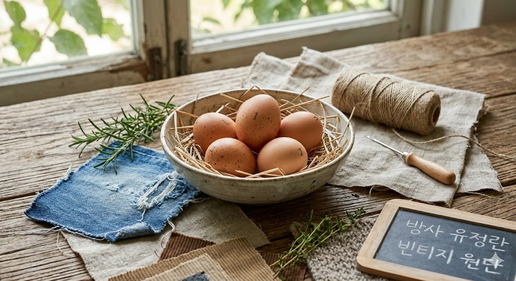 지속 가능한 라이프스타일의 기본 재료가 되는 1번 방사 유정란과 빈티지 의류 원단.