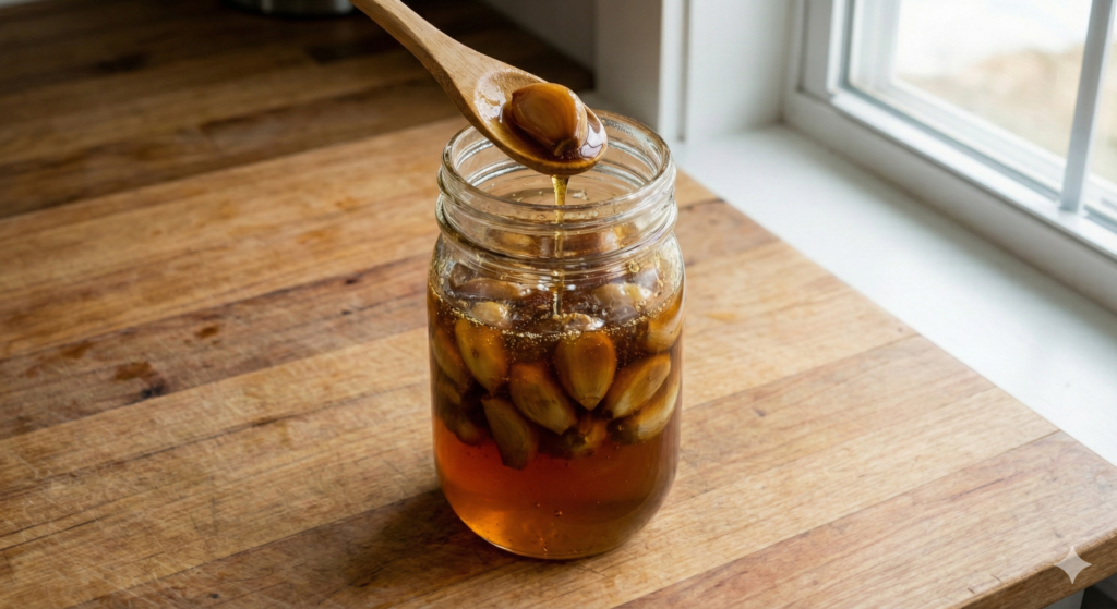 4주간의 발효가 완료된 마늘 꿀 절임 병의 클로즈업. 어두워진 마늘 쪽이 묽어지고 기포가 생긴 황갈색 꿀에 잠겨 있다. 나무 숟가락으로 마늘 한 쪽과 강력한 약용 시럽을 떠 올리고 있는 모습.