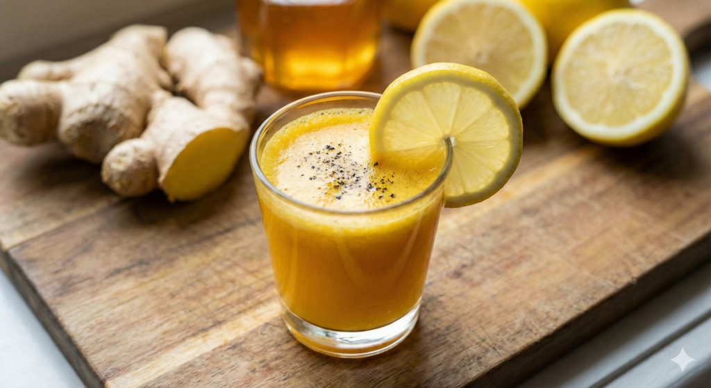 A finished, vibrant orange-yellow ginger lemon shot in a clear glass garnished with a lemon slice and cracked black pepper, representing a potent morning anti-inflammatory biohack.
