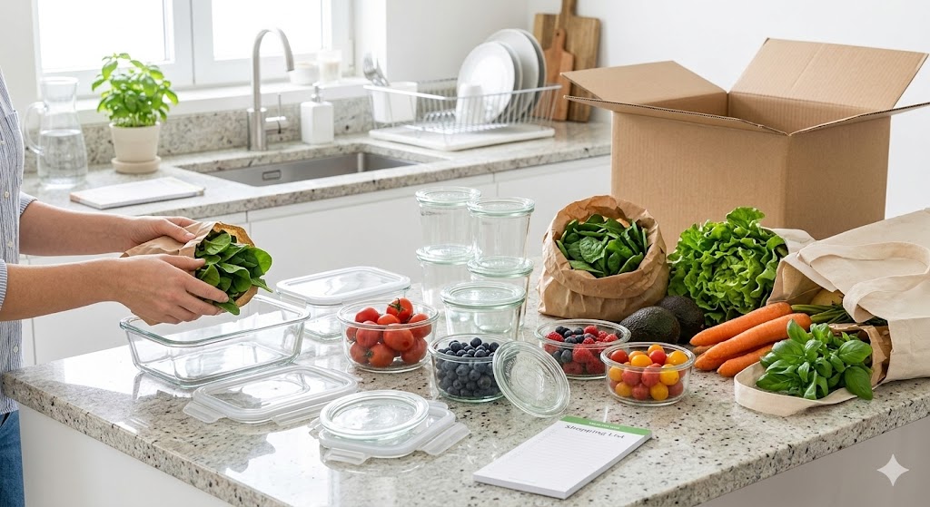 Fresh groceries transferred to inert glass containers for an unboxing detox routine in a clean kitchen to minimize chemical migration.