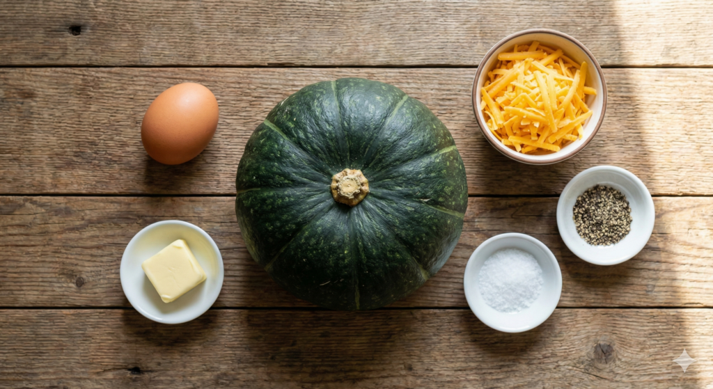 Biohacking ingredients for brain health: a small whole sweet pumpkin (kabocha squash), one pasture-raised egg rich in choline, high-quality grass-fed butter or ghee, aged cheddar cheese, and sea salt.
