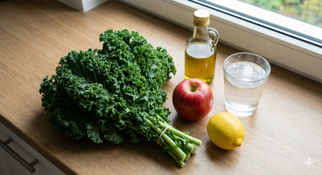 세포 해독을 위한 바이오해킹 식재료: 클로로필이 풍부한 짙은 녹색의 신선한 케일 잎, 프리바이오틱 펙틴을 위한 아삭한 사과, 레몬 한 조각, 그리고 엑스트라 버진 올리브오일.