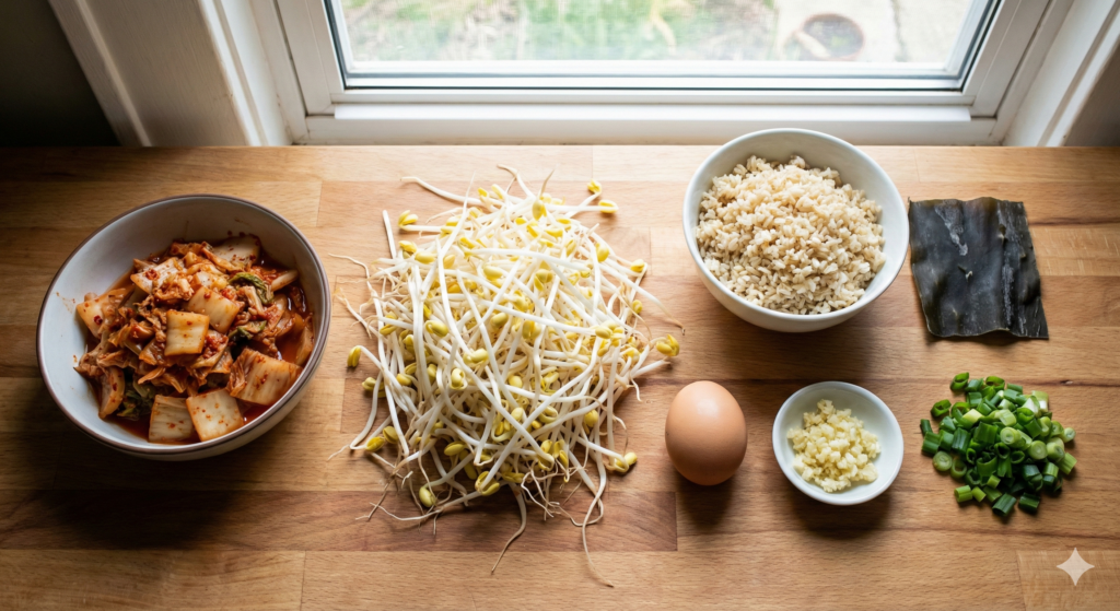 Biohacking ingredients for gut-liver axis: aged fermented kimchi, fresh soybean sprouts with roots, a pasture-raised egg, cooked and cooled brown rice, and mineral-rich kelp broth.