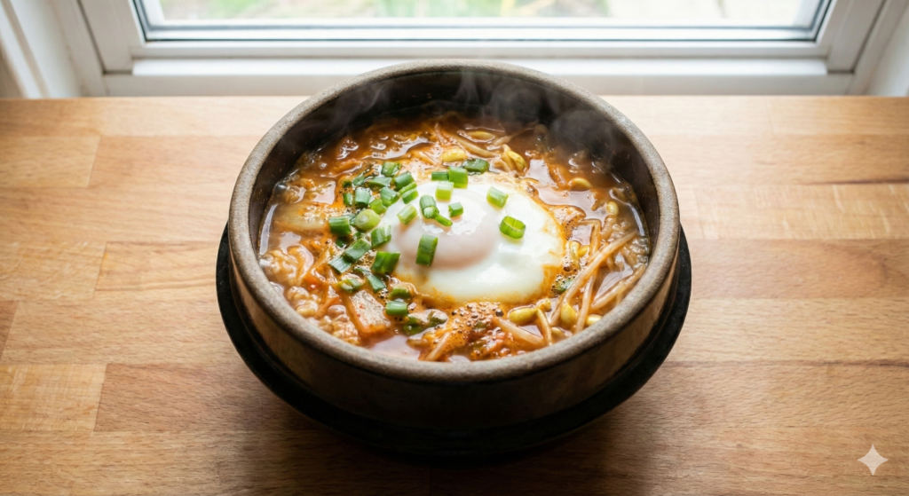 A boiling traditional earthen pot of kimchi soybean sprout soup with a perfectly soft-poached egg in the center, representing a deeply restoring and detoxifying biohack meal.