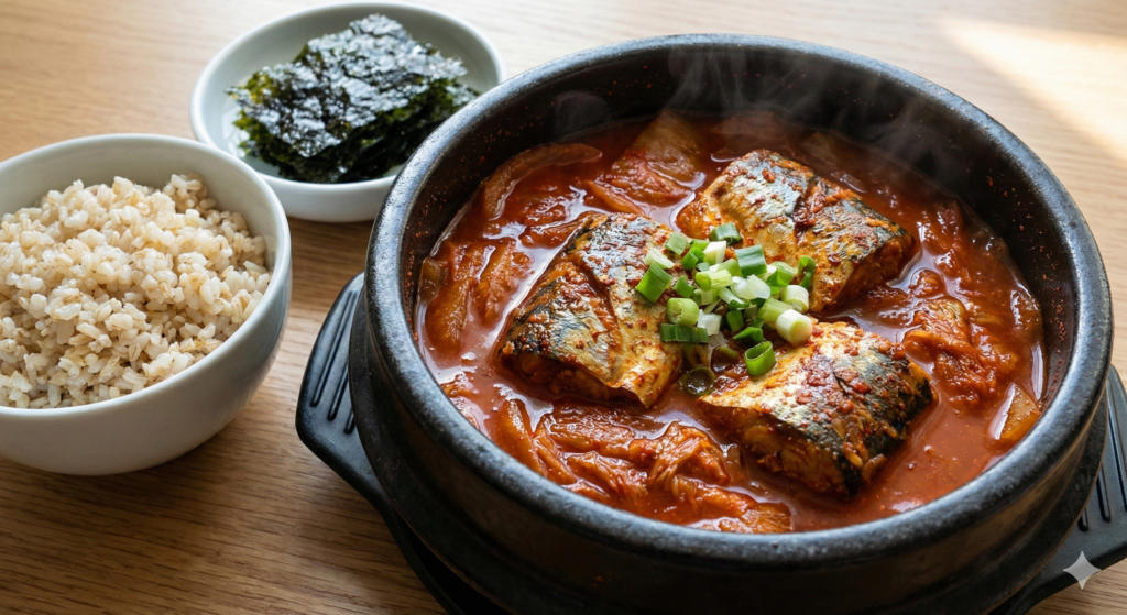 김이 모락모락 나는 진한 붉은빛의 고등어 김치찜이 담긴 전통 냄비와 조리 후 식혀둔 현미밥 한 공기. 깊은 영양을 공급하는 바이오해킹 식단을 나타냄.