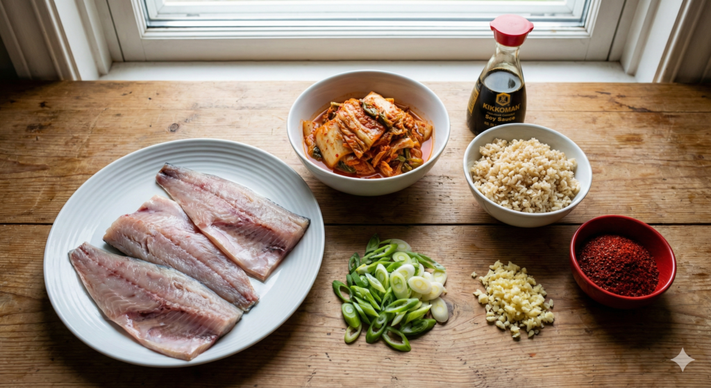 뇌와 장 건강을 위한 바이오해킹 식재료: 오메가-3가 풍부한 신선한 고등어 필렛, 잘 발효된 묵은지, 저항성 전분을 위한 식혀둔 현미밥 한 공기, 대파, 그리고 마늘.