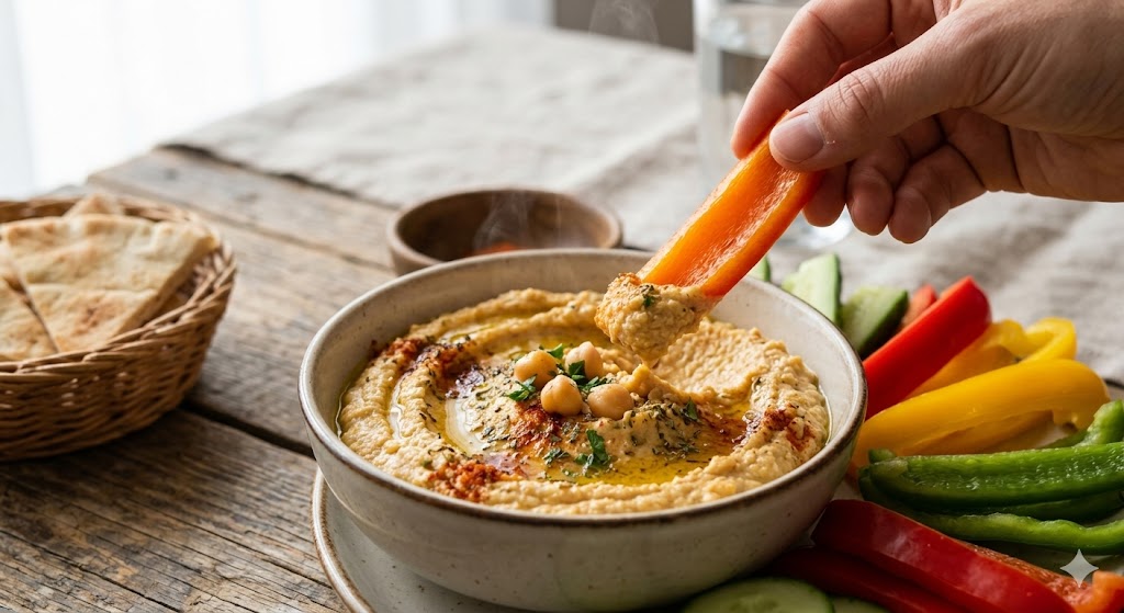Fresh bell peppers, chickpea hummus, and extra virgin olive oil ingredients for a biohacking snack