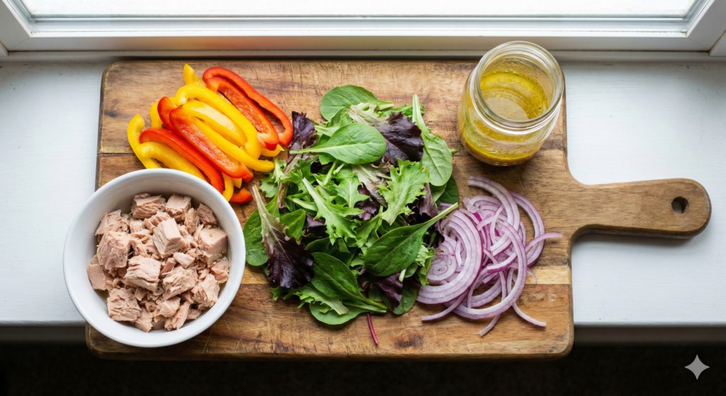 인지 건강을 위한 바이오해킹 식재료: 오메가-3가 풍부한 캔 참치(기름 제거), 비타민 C가 가득한 선명한 색상의 빨강/노랑 파프리카, 신선한 샐러드 채소, 적양파 슬라이스, 그리고 레몬-올리브오일 드레싱 베이스.