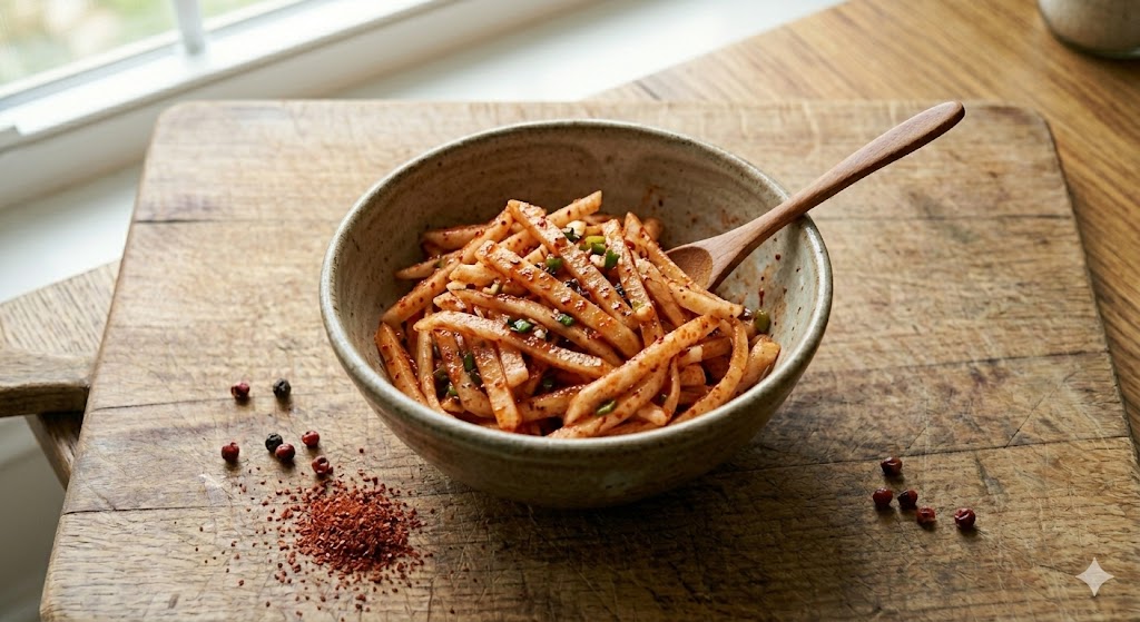 Digestion-boosting raw Korean radish salad (Moo Saengchae) optimized for biohacking