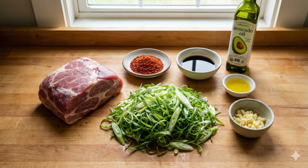 Clean biohacking ingredients meticulously arranged: a block of lean raw pork for boiling, a massive pile of fresh julienned scallions, vibrant Korean chili flakes, low-sodium soy sauce, garlic, and cold-pressed avocado oil for the clean chili dressing.