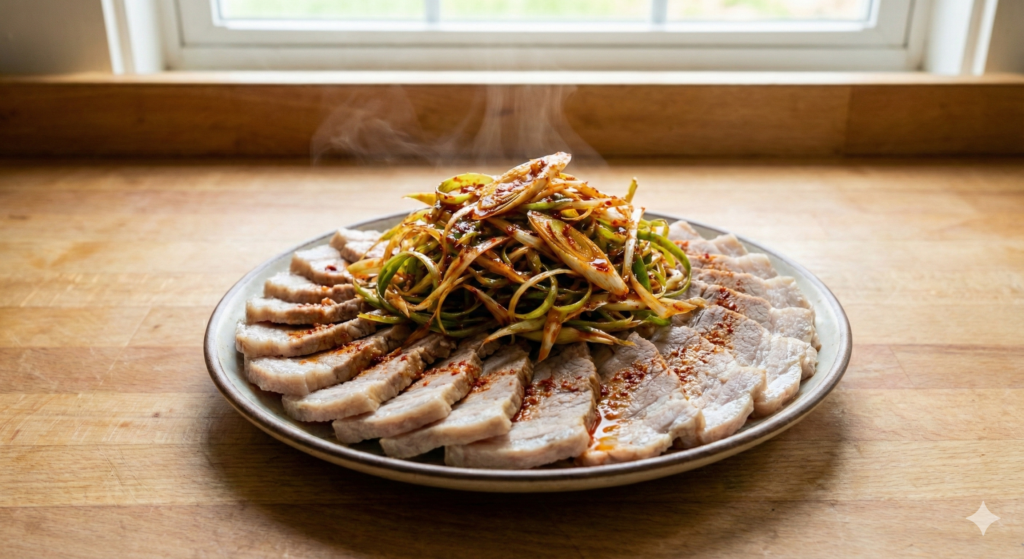 A steaming plate of thinly sliced, perfectly boiled pork topped with a vibrant, spicy scallion salad glistening with clean chili oil, representing the ultimate anti-aging and thermogenic biohack meal.