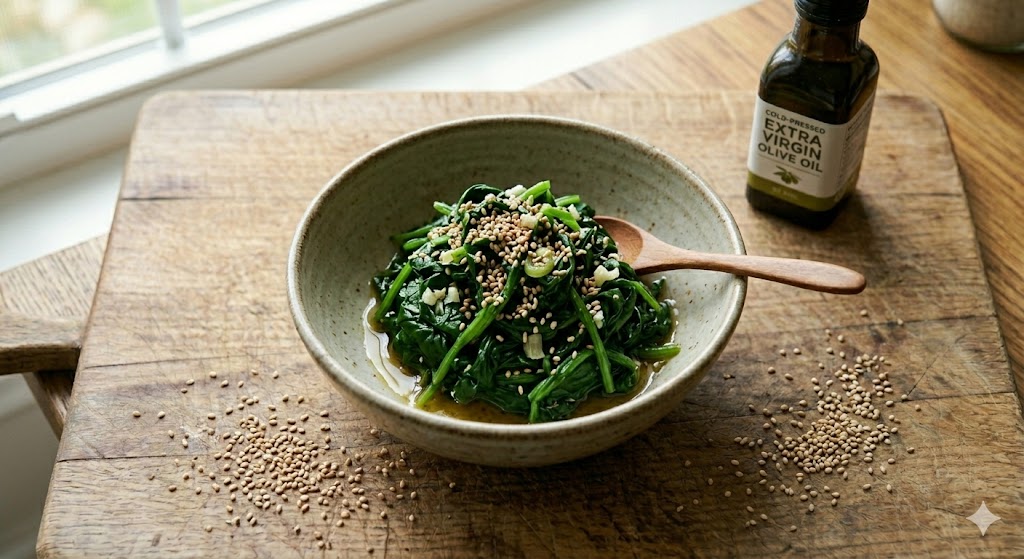 뇌 건강을 위해 저온 압착 참기름으로 풍미를 더한 영양 만점 시금치 나물 완성 요리