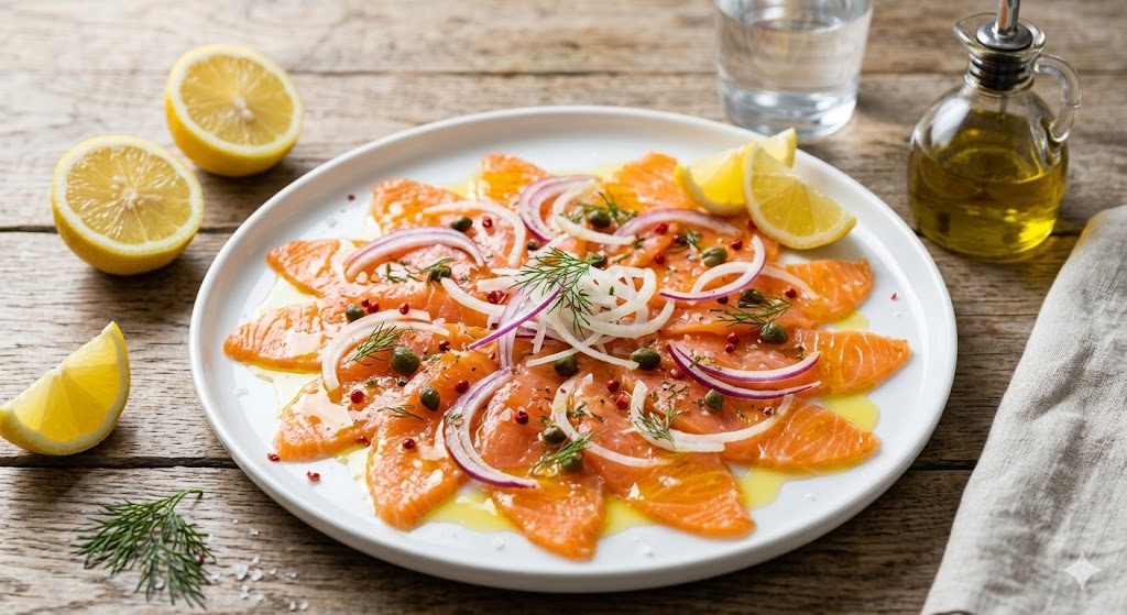 Finished smoked salmon carpaccio dish rich in Omega-3, optimized for brain health and vascular cleansing