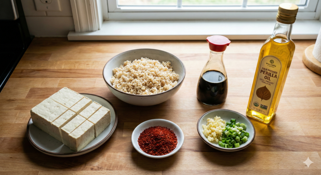 High-quality biohacking ingredients meticulously arranged: a block of extra-firm tofu, cooked and cooled brown rice for resistant starch, vibrant Korean chili flakes (gochugaru), low-sodium soy sauce, fresh minced garlic, scallions, and cold-pressed perilla oil.