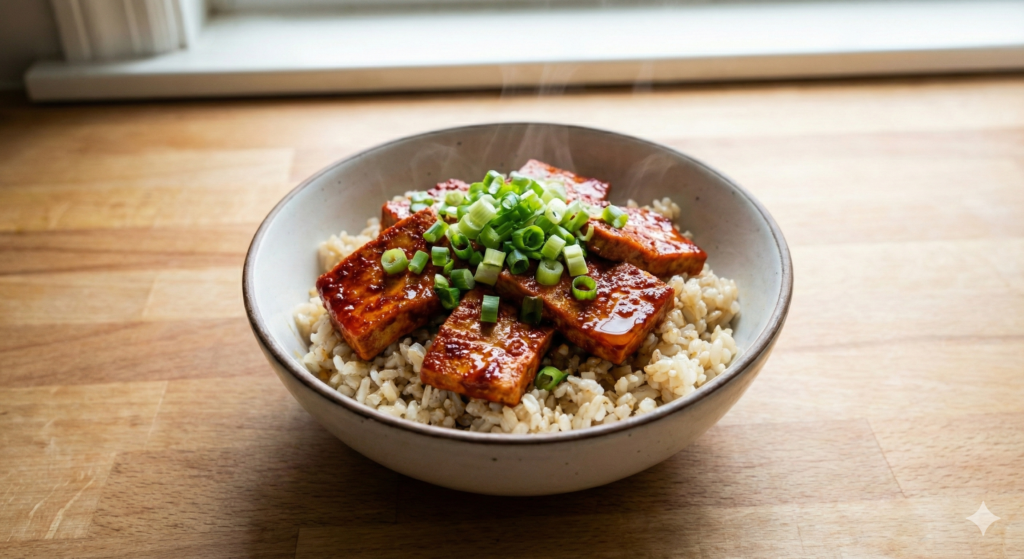 A masterfully prepared biohacking meal featuring perfectly braised spicy tofu layered over a bed of cooled brown rice, garnished with fresh scallions, representing the ultimate plant-based metabolic boost.