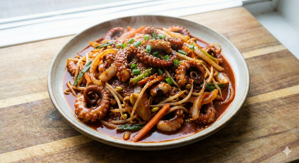 김이 모락모락 나는 매콤한 낙지 콩나물 볶음 한 접시. 진한 붉은색 양념에 코팅되어 있으며 쪽파와 통깨로 장식된 강력한 에너지 및 해독 식단.