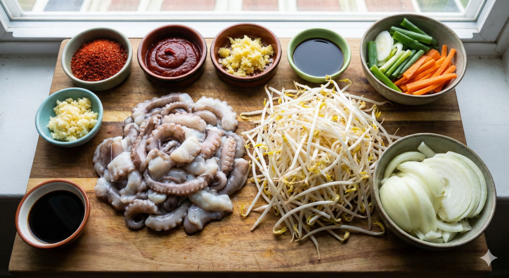 에너지 및 해독을 위한 바이오해킹 식재료: 신선하게 손질된 낙지(또는 쭈꾸미), 아스파라긴산이 풍부한 콩나물 한 줌, 고춧가루, 다진 마늘, 생강, 그리고 각종 채소.