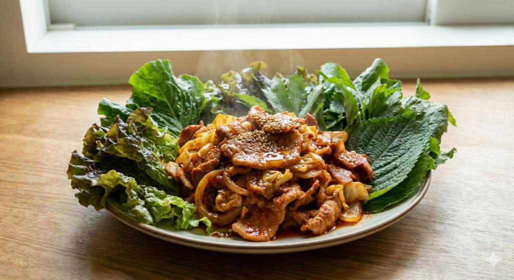 A masterfully prepared biohacking meal featuring a steaming plate of spicy, vegetable-packed pork stir-fry, completely surrounded by an abundance of fresh, crisp leafy greens ready to form the ultimate gut-protecting wrap.