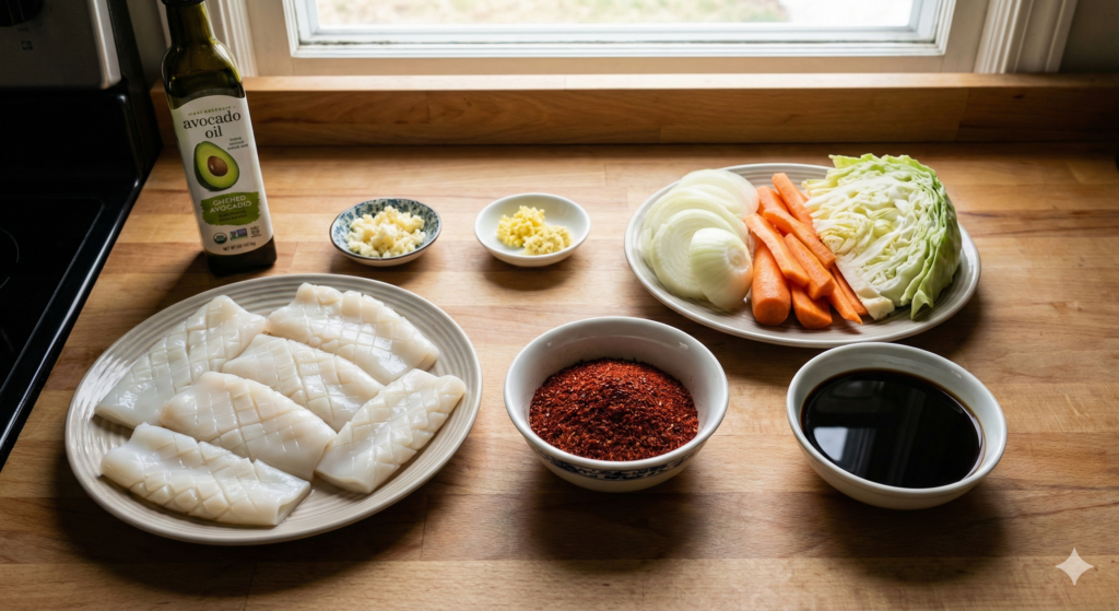 매콤 오징어 볶음을 위한 바이오해킹 식재료: 칼집을 낸 신선한 손질 오징어, 다채로운 혼합 채소(양파, 당근, 양배추 채), 고춧가루, 다진 마늘과 생강, 저염 간장, 그리고 고온 조리용 아보카도 오일.