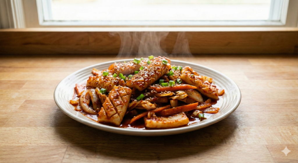 아삭한 채소와 함께 김이 나는 선명한 붉은색의 매콤 오징어 볶음 접시. 통깨와 쪽파가 뿌려져 있으며 고단백 열발생 바이오해킹 식단을 나타냄.