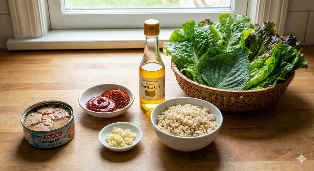 High-quality biohacking ingredients meticulously arranged: canned tuna with inflammatory oils thoroughly drained, rich red gochujang, fresh minced garlic, cold-pressed perilla oil rich in Omega-3s, properly cooled brown rice for resistant starch, and vibrant, crisp assorted leafy greens.