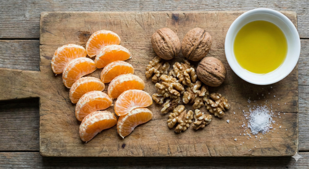 Biohacking ingredients for brain health: fresh peeled tangerine segments rich in vitamin C, whole and shelled walnuts providing omega-3 fatty acids, and a small bowl of extra virgin olive oil.