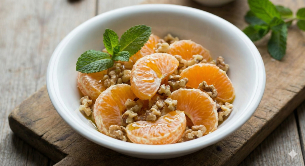 A close-up of a finished tangerine walnut salad in a bowl, showing the vibrant orange citrus mixed with crushed walnuts and a drizzle of olive oil, garnished with a sprig of mint.