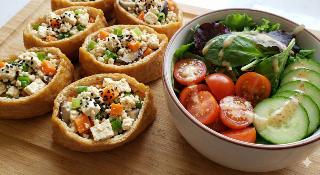 A plate of tofu-stuffed inari sushi garnished with black sesame seeds, served alongside a mini fresh salad with dressing, representing a balanced, low-carb biohack meal.